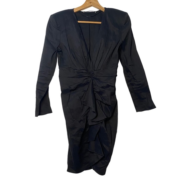 Zara Black Linen Blend Line Ruched Ruffle Front Deep V-Neck Dress Womens Small - Picture 3 of 10
